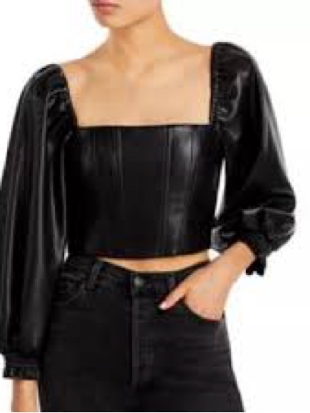 7 For All Mankind Black Faux Leather Square-Neck Puff-Sleeve Crop Top